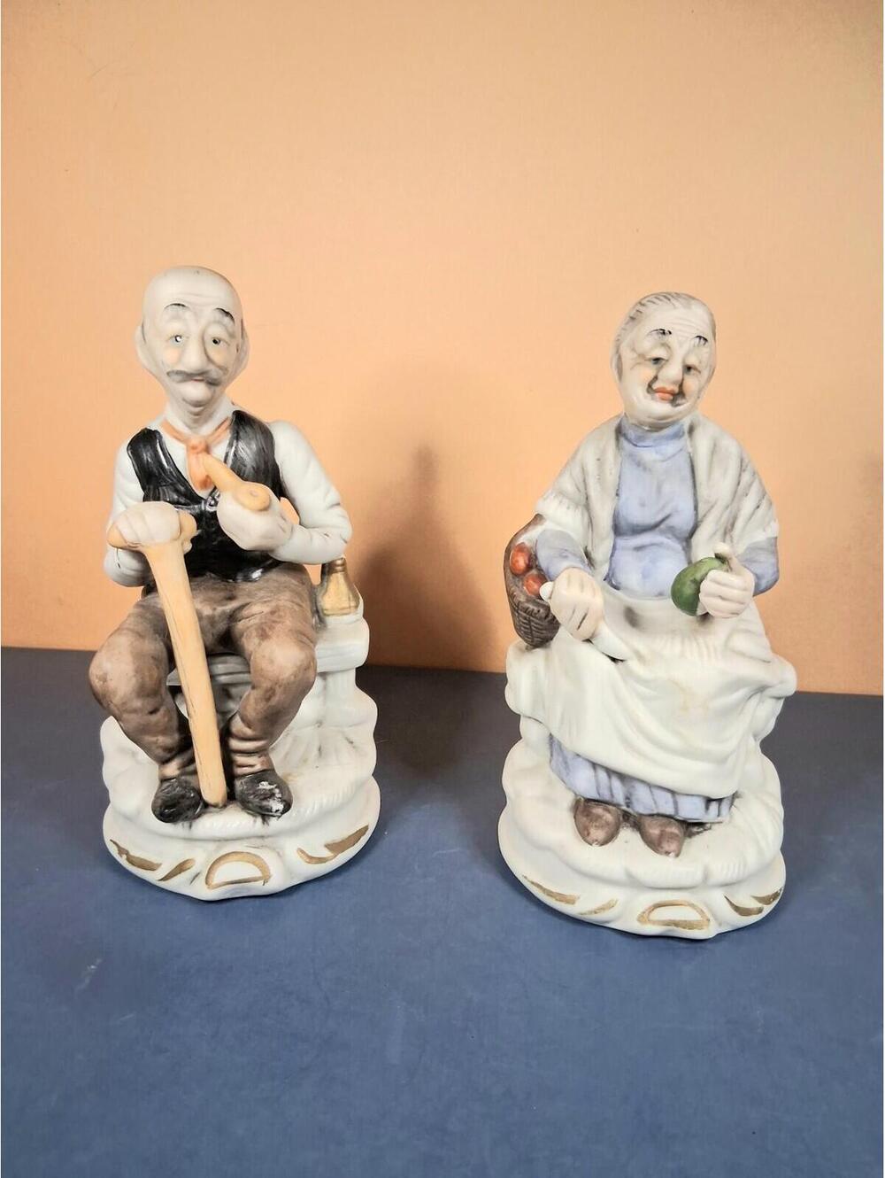 2 Vintage Porcelain 6.5" Country Farm Old Man & Woman Detailed Figurine Statues
